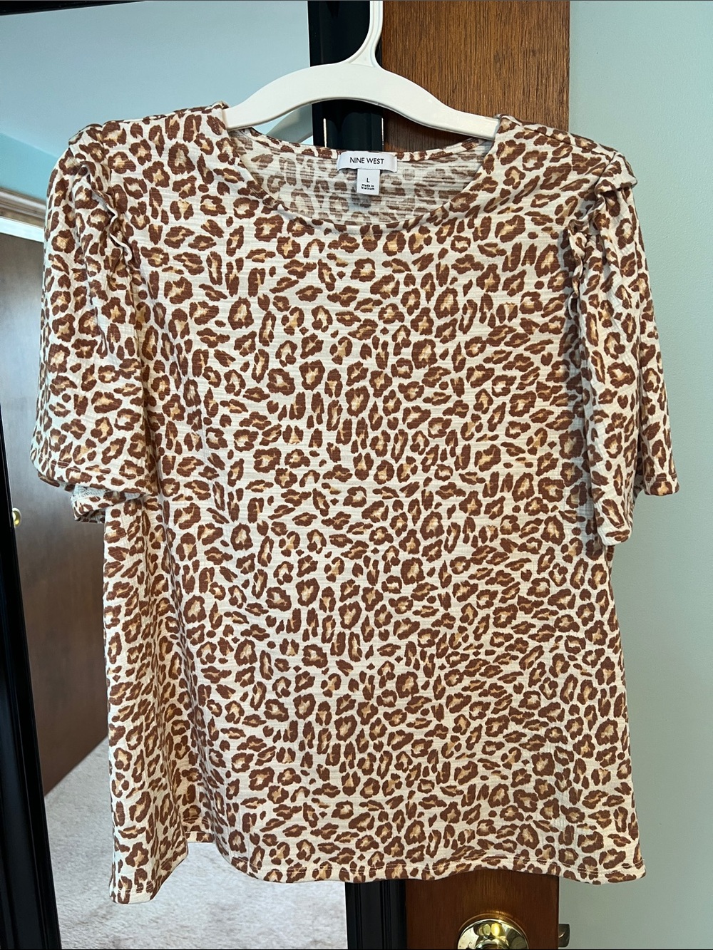 Nine West Cream and Brown Leopard Print Tee